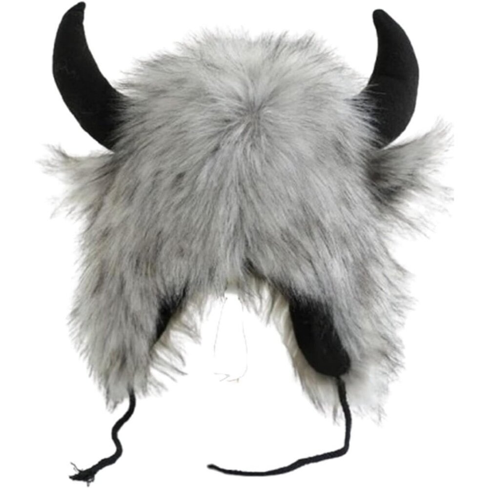 Men A-grey Furry Buffalo Horn Winter Hat Unisex Faux Fur Earflap Trooper Cap